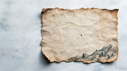 Fototapeta premium Antique treasure map on weathered paper with mountains and trees