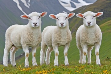 Fototapeta premium Amidst majestic nature, shrouded in fog and dotted with Icelandic moss, sheep graze