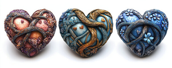 Three intricately intertwined heart sculptures with floral and vine details in pink, gold, and blue tones