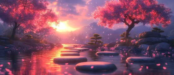A serene VR zen garden with floating rocks, glowing bonsai, and a holographic sunset. Calm, futuristic, and surreal—ideal for VR, spa ads, or modern meditation themes needing artistic appeal.