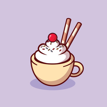 Vanilla and chocolate cream coffee cup With berry in Cartoon Icon Illustration