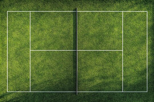 An overhead shot of a grass tennis court with a white line pattern, forming the baseline for a sports game background