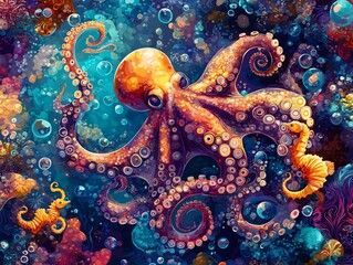 Obraz premium Octopuses, Seahorses, and Bubbles