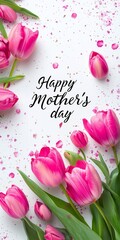 Mothers Day greeting card with the heartfelt message "Happy Mother's Day" alongside a bouquet of pink tulips and green foliage, perfect for gifting or decoration
