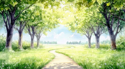 Obraz premium Tranquil Pathway through Lush Green Trees under Bright Sky in Serene Nature Landscape for Relaxation and Rejuvenation