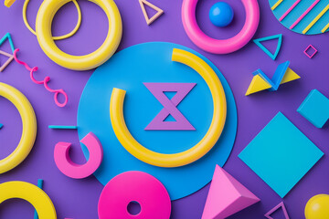 3D shapes, vibrant colors, 80s style, geometric patterns, purple background, flat lay