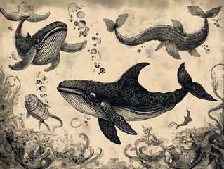 Obraz premium Vintage Etching Style with Whales and Sea Monsters