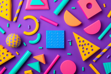 3D shapes, vibrant colors, 80s style, geometric patterns, purple background, flat lay