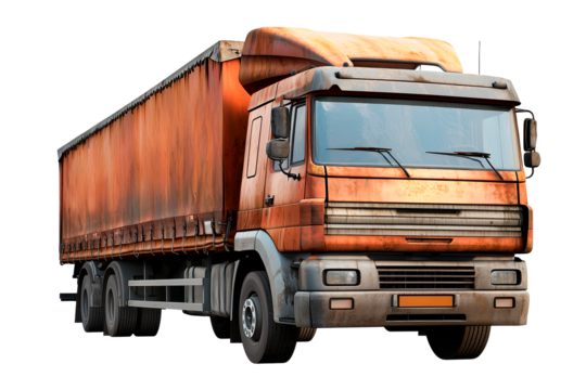 Rusty cargo truck with a weathered appearance, showcasing industrial wear and tear. Ideal for projects needing a robust and aged transportation vehicle. Isolated on a transparent background.