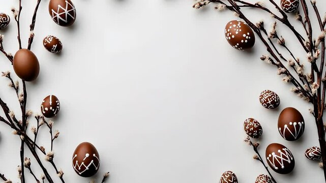 Decorative brown easter eggs and budding branches in border design celebrating springtime and renewal