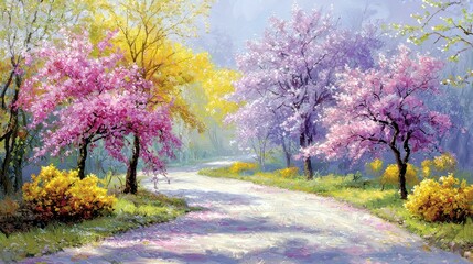 Naklejka premium Serene Landscape of Spring with Colorful Blossoms and Winding Path in a Tranquil Forest Setting