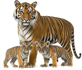 Fototapeta premium A tiger and her cubs standing in front against a white background