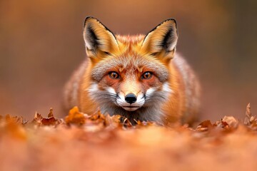 Fototapeta premium Close-up view of a red fox (vulpes vulpes) with orange fur standing in an autumn woodland, gazing at the camera. A wild predator in its fall habitat