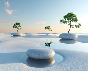 A serene VR zen garden with floating rocks, glowing bonsai, and a holographic sunset. Calm, futuristic, and surreal&mdash;ideal for VR, spa ads, or modern meditation themes needing artistic appeal.