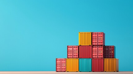 Fototapeta premium A vibrant stack of cargo containers against a bright blue background, showcasing creativity and industrial charm in design.