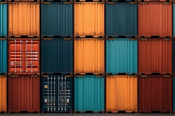 Fototapeta premium A vibrant array of stacked cargo containers in contrasting colors showcasing industrial design and functional artistry.
