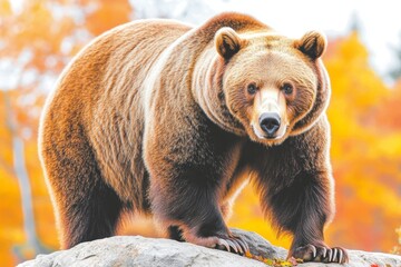 Obraz premium Brown bear - a close-up with a wild brown bear dining in the forest and mountains of the Notranjska region in Slovenia