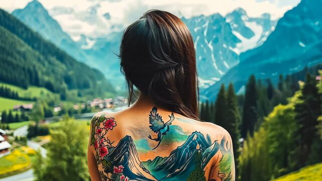 A young Asian woman stands with her back to the viewer, showcasing vibrant tattoos of mountains and flowers. Surrounded by lush greenery and majestic mountains, the scene exudes tranquility.
