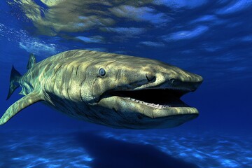 Naklejka premium Near Isla Mujeres in Mexico’s Quintana Roo, a whale shark feeds with its mouth agape