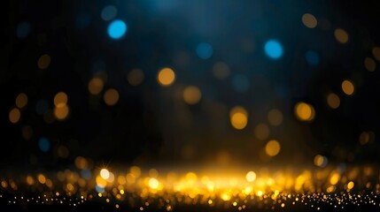 Obraz premium abstract background featuring glittering lights in vibrant blue and gold shades, scattered against a dark black gradient.