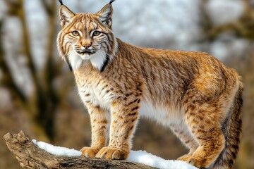Obraz premium A snowy forest is the setting as the Eurasian lynx, Lynx lynx, looks out from behind a tree. This beautiful wild cat is showcased in the winter wildlife. Its spotted orange fur makes it a cute big