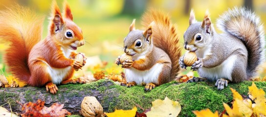 Fototapeta premium A forest scene featuring three Erasian Red Squirrels (Sciurus vulgaris) eating and drinking