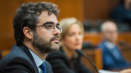 Professional lawyer at a conference, with a female colleague in the background. International Lawyer's Day