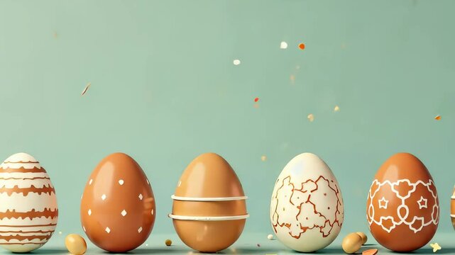 Pastel easter eggs with unique patterns on turquoise background, symbolizing renewal and celebration