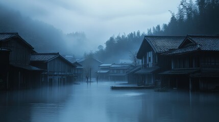 Fototapeta premium Evacuating a Quiet Village Amid Extreme Weather