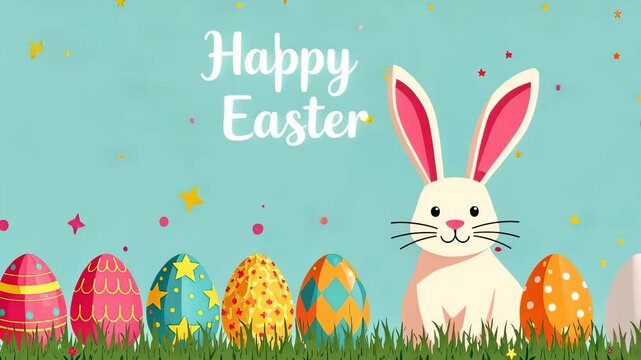 Colorful easter eggs and happy bunny in green grass with stars celebrating ecology and easter joyful concept