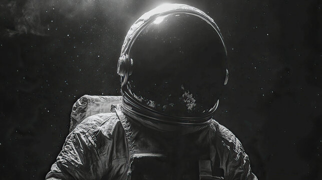 Mysterious astronaut in space with dark background and reflective helmet