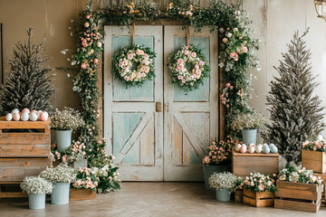 Naklejka premium Rustic spring decor with floral wreaths and pastel easter eggs in a vintage setting