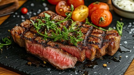 Grilled ribeye steak with cherry tomatoes, arugula, and sea salt on a black slate. Food photography for restaurant menus.