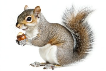 Obraz premium With a hazel nut clutched in its front paws, a red Japanese lis squirrel is sitting sideways and eating. Its tail is raised. The squirrel is set against a white background