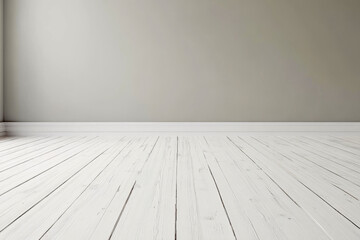 Minimalist empty room with white wooden floor and light gray walls