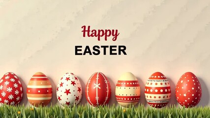 Colorful rustic easter eggs in grass with happy easter text on rustic background, celebrating spring and new beginnings