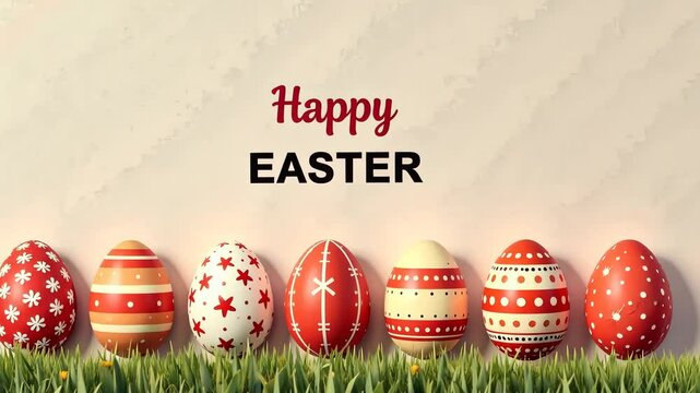 Colorful rustic easter eggs in grass with happy easter text on rustic background, celebrating spring and new beginnings