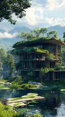 Fototapeta premium A modern eco-friendly house surrounded by lush greenery and a serene water body.