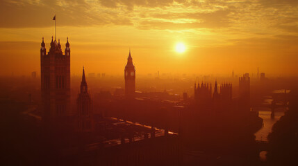 London cityscape with Houses of Parliament and Big Ben tower at sunset, UK