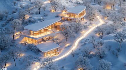 Modern hillside homes glowing at night, snow-covered landscape.