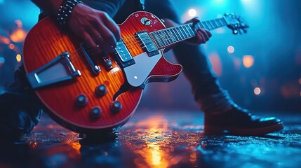 A guitarist performing on stage, showcasing a vibrant electric guitar and dynamic lighting.
