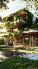 Fototapeta premium A modern house surrounded by lush greenery and a reflective pond, showcasing sustainable design.