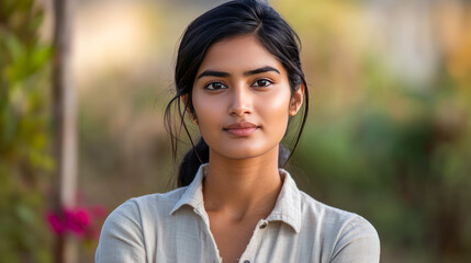 Young asian female in natural outdoor setting with serene expression