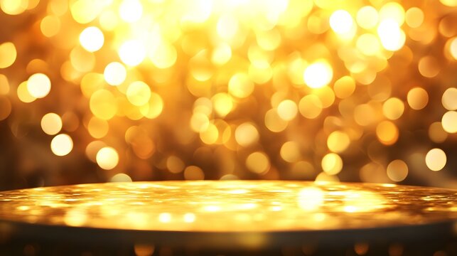 A podium stands on a shimmering golden background, surrounded by soft, blurred bokeh, creating an elegant and captivating setting for presentations or speeches - HD and realistic