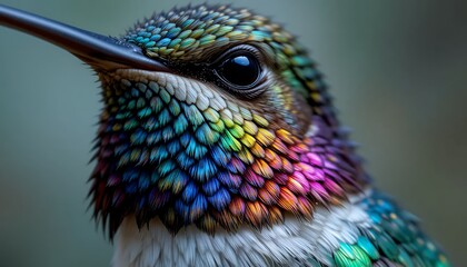 4K Macro Shot of a Vibrant Hummingbird, showcasing iridescent rainbow feathers and intricate details, a close-up view of nature's beauty in high definition.