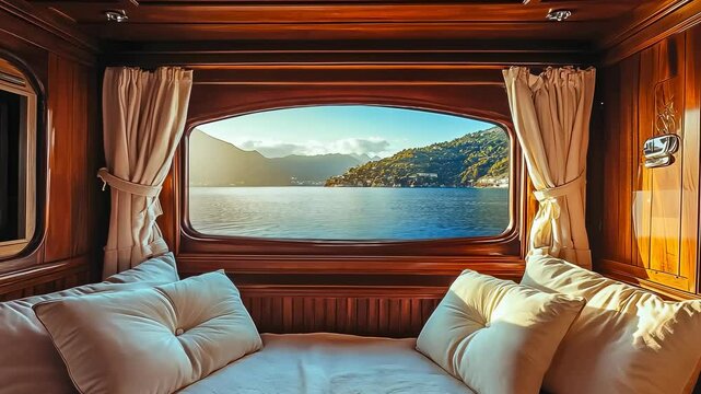 A serene cabin interior features plush white pillows and soft bedding. Sunlight floods in, illuminating the stunning lakeside view, evoking peace and tranquility during sunset. (186 characters)