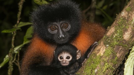 Obraz premium The yellow-cheeked gibbon monkey gives a warm hug to its baby in a natural forest habitat