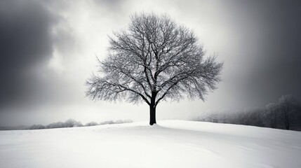 Lonely Tree Stands in Snowy Winter Landscape