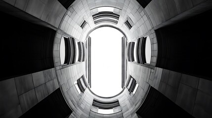 A circular view of a modern architectural structure from below, showcasing symmetry and light.