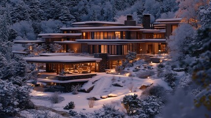 Luxurious snow-covered modern home at night.